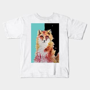 Fox Watercolor Painting on Black and Aqua Kids T-Shirt